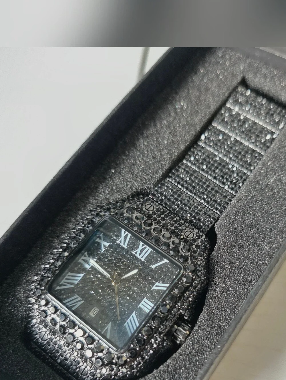 344.  Black Crystal-Embellished Square Face Watch